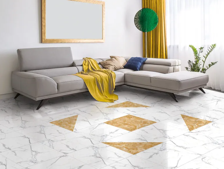 Luxurious living room design paired with gold spider marble floors